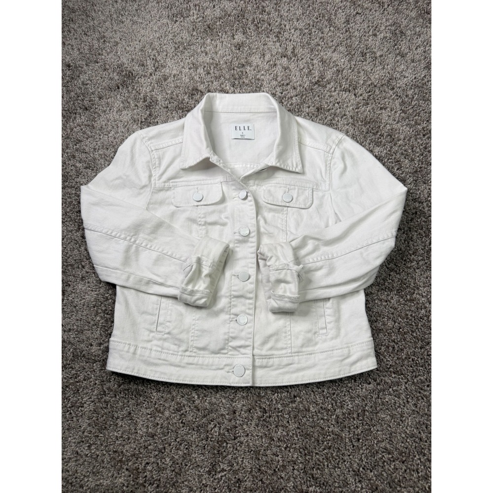ELLE White Denim Jacket Womens Small Button Up Trucker Coat Solid Classic